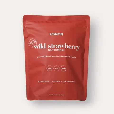 Official packaging for Nutrimeal Wild Strawberry, 9 servings.
