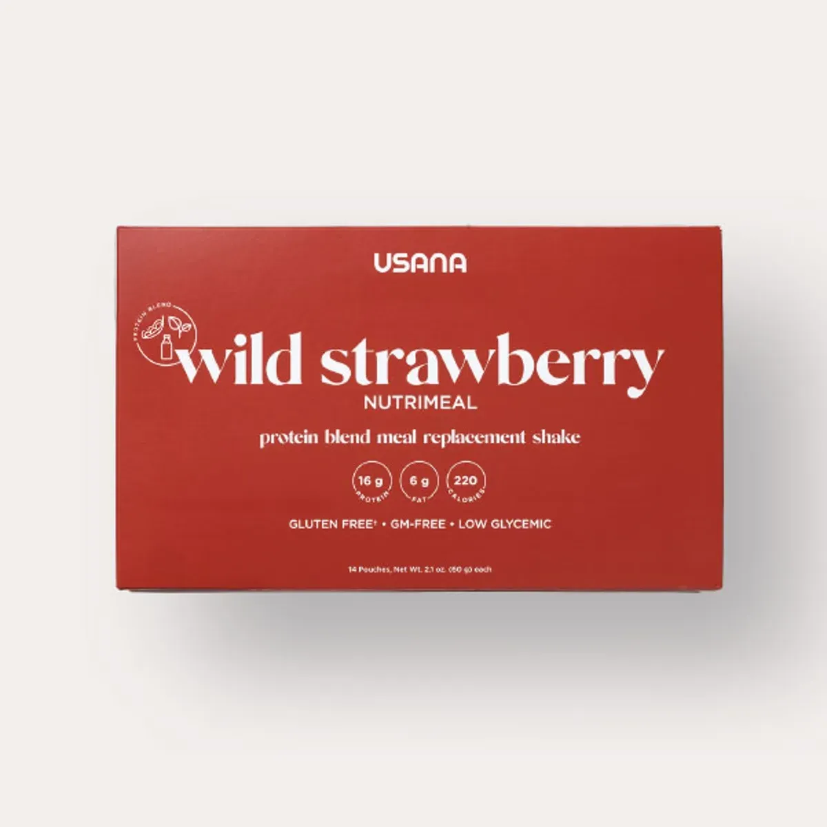 Official packaging for Nutrimeal Wild Strawberry, 28pk Single Serve.