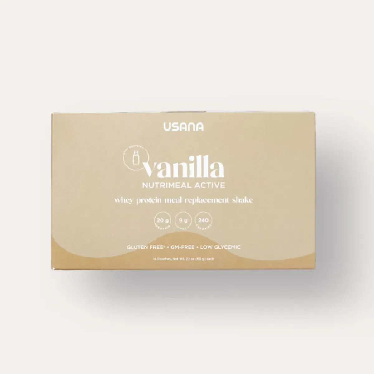 Official packaging for Nutrimeal Active Vanilla (14 Single-Serving Packets).