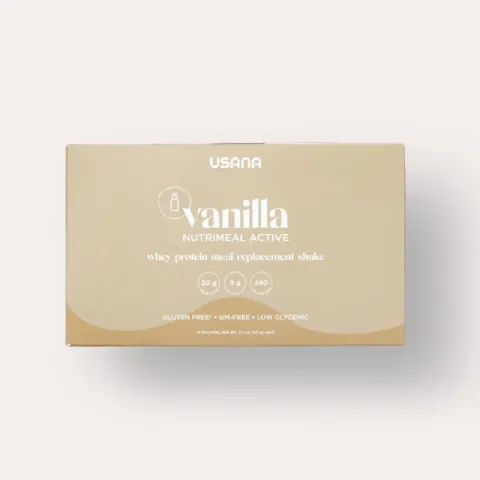 Official packaging for Nutrimeal Active Vanilla (14 Single-Serving Packets).