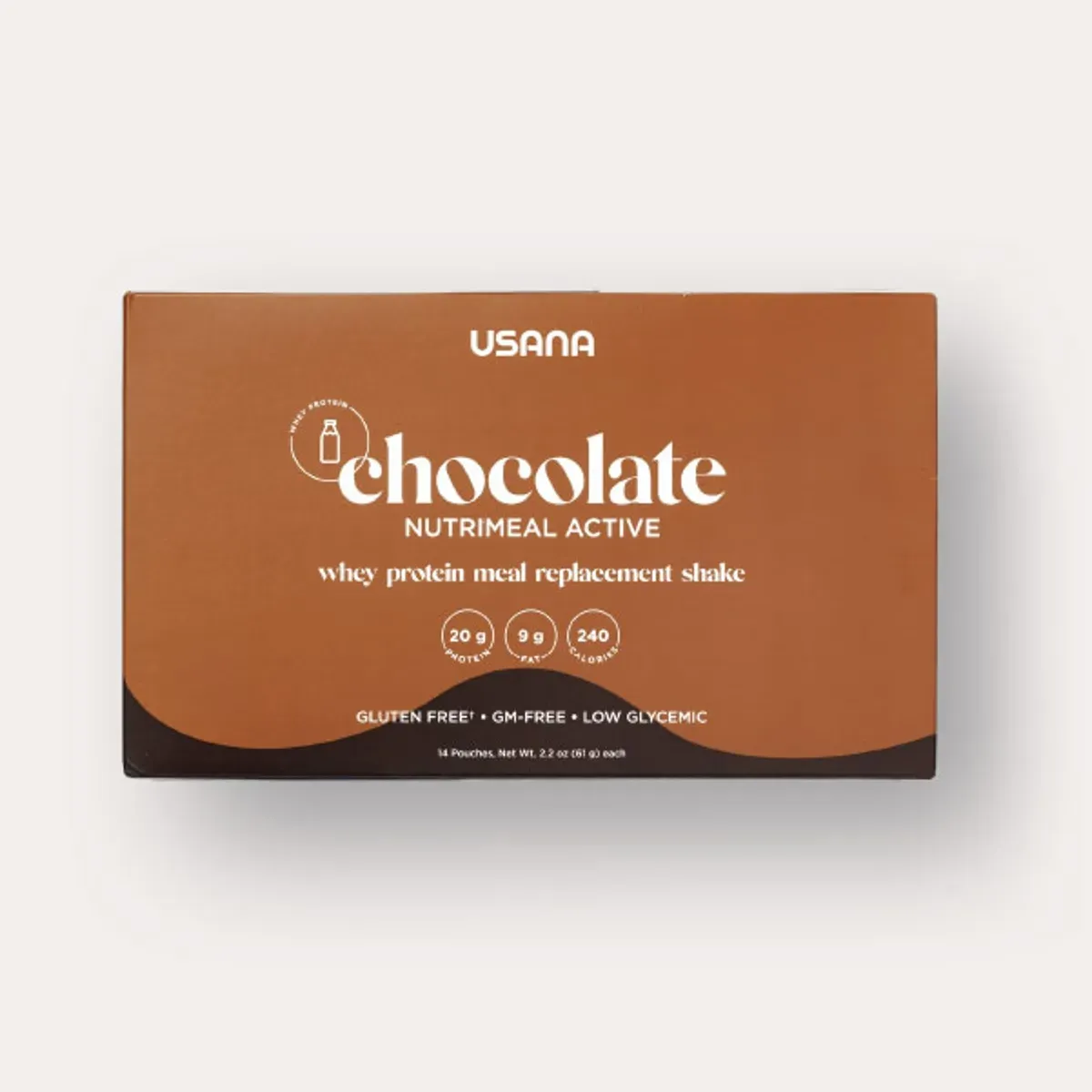 Official packaging for Nutrimeal Active Chocolate (14 Single-Serving Packets).