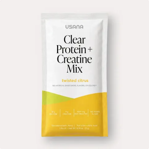 Official packaging for Clear Protein + Creatine Mix (14 Single-Serving Packets).