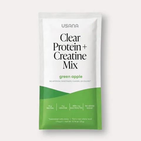 Official packaging for Clear Protein + Creatine Mix (14 Single-Serving Packets).